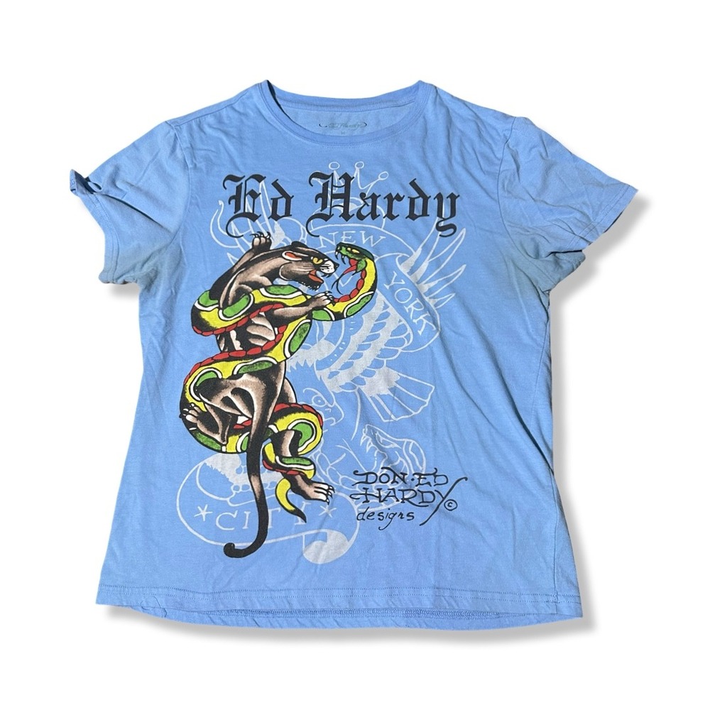 Ed Hardy Graphic Tee Womens M Blue Excellent Panther Snake Tattoo Y2K Shirt